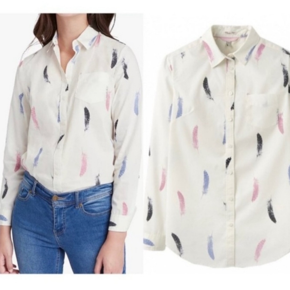 Joules Lucie Button Up Shirt Women's 4 Feather Print Classic Fit Long Sleeve